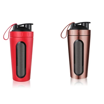 

WSFS Hot 2pcs Protein Shaker Bottle, Stainless Steel Sports Water Bottle Shaker Cup, Leak Proof - Red & Gold