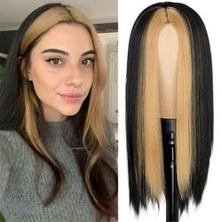 Black Long Straight Wig For Women Both sides brown Hair Middle Part Heat Resistant Wavy Cosplay Wig For Girl