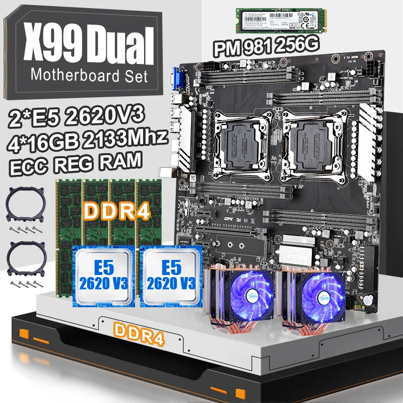 Комплект материнской платы X99dual с E5 2620V3 и 4*16 Гб ddr4 2133 МГц ecc reg ram SSD M.2 PM981 256 ГБ