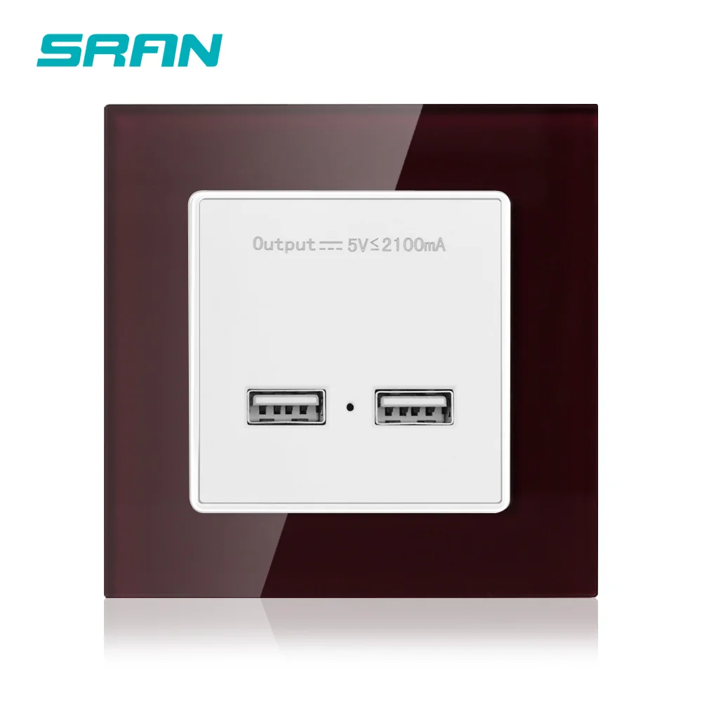 SRAN настенная розетка с двумя usb-разъемами, умный индукционный зарядный порт для мобильного телефона 5 в 2,1 А, Выходная панель из закаленного стекла