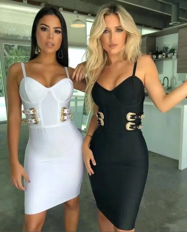 

New Summer Bodycon Bandage Dress 2019 Vestidos Sexy V Neck Black White Buckles Party Dress Club Vestidos