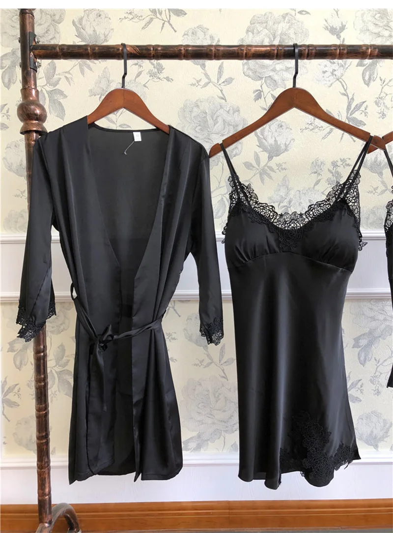 AEOZRING with chest pad ice silk sexy nightgown female summer condole belt nightgown shorts set nightgown four-piece set