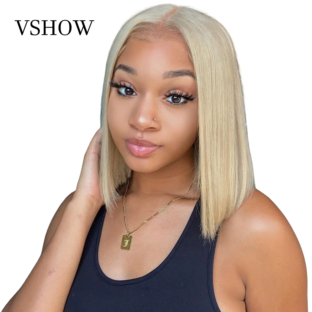 13x4 VSHOW 613 прямые боб Синтетические волосы на кружеве парик предварительно вырезанные розовый/синий/613 короткие парики из натуральных волос парик блондинка Синтетические волосы на кружеве парик