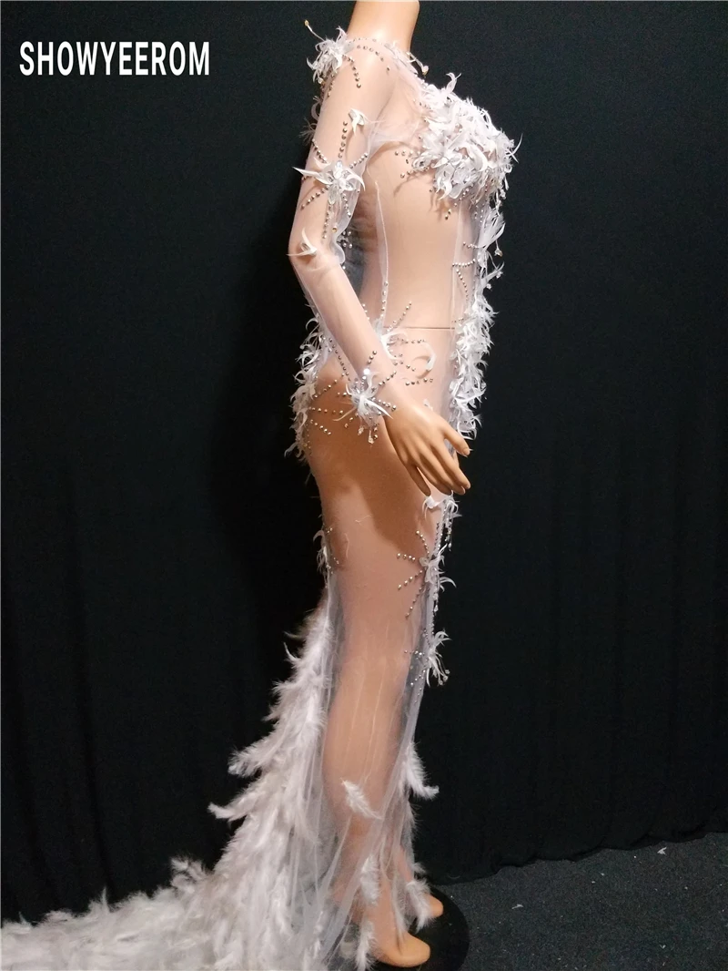 perspective Feather Stones Pearls Dress Women Party Prom Outfit Birthday Celebrate Stretch Long Dress Dancer Long Dress