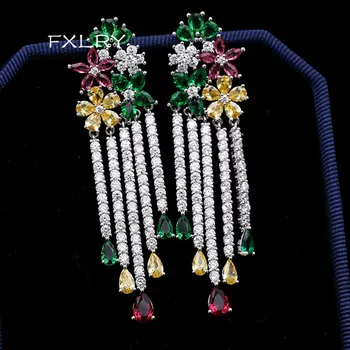

FXLRY New Multi Color Flower Dangling CZ Stone Long Big Tassel Drop Earring For Women Luxury Cubic Zirconia Jewelry
