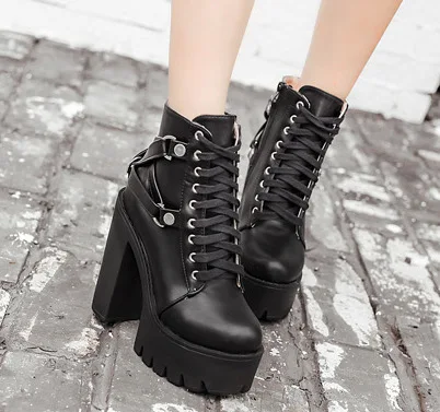 

Fashion Black Boots Women Heel Spring Autumn Lace-up Soft Leather Platform Shoes Woman Party Ankle Boots High Heels 899