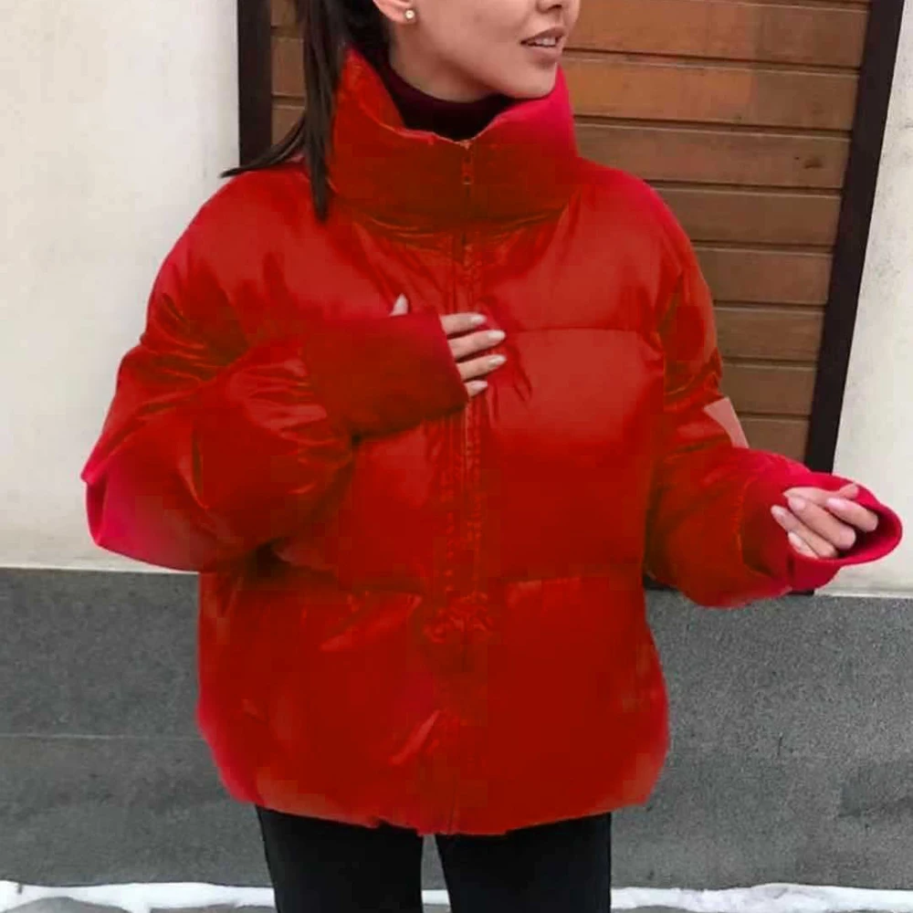 MoneRffi новая глянцевая зимняя хлопковая стеганая куртка для женщин Толстая яркая черная короткая блестящая куртка желтая красная хлопковая парка