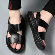 Men's Slippers Summer New Solid Color PU Flat Non-slip Casual Shoes Comfortable and Lightweight Outdoor Open-toed Beach Shoes