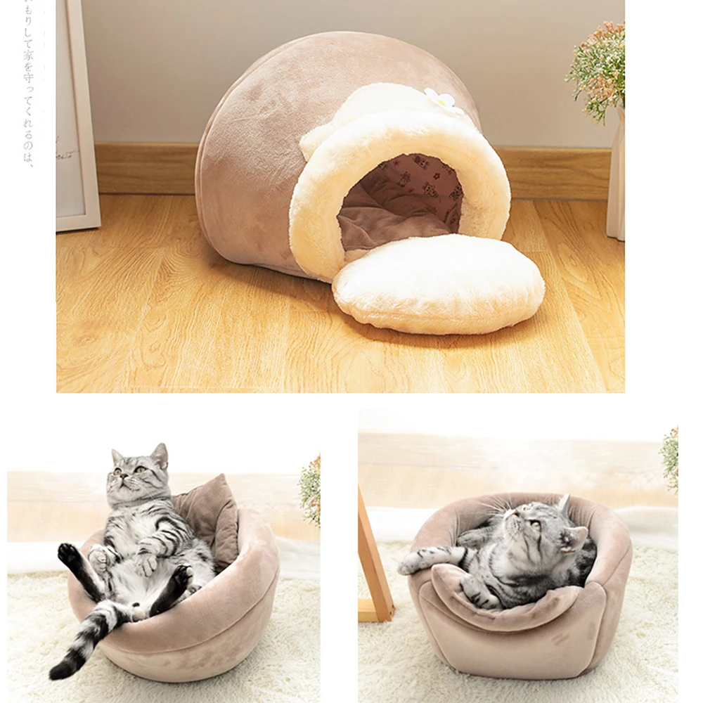 Складная кровать для кошки в форме медового горшка, зимний теплый спальный коврик для кошки с подушкой, спальный мешок для кошки, съемный мягкий комфорт