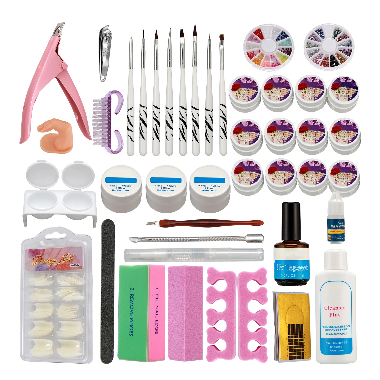

Nail Art DIY Set 12 Color UV Builder Gel Brush Pen Nail Tips Top Coat Full Tool