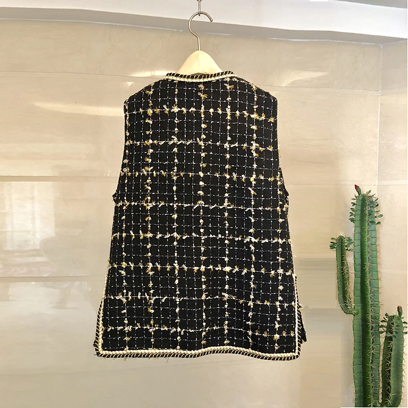 New Spring Fall Retro Gold Silk Plaid Outside Vest Women's Short Tweed Jacket Small Fragrance Diamond Waistcoat