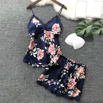 

Women Floral Leaves Print Sleepwear Set Padded Camisole Lace Trim Elastic Shorts Lace Trim witih Pads perfect gifts