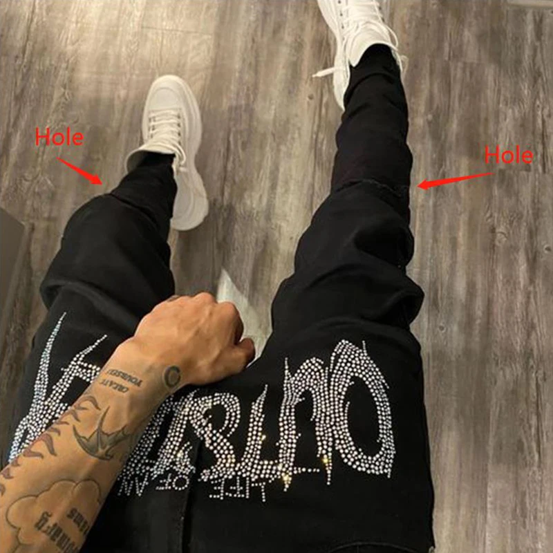 Men Black Jeans Fashion Ripped Biker Elastic Skinny Pants Shabby Hot Drill High Quality Pencil Cowboy Rhinestones Denim Trousers