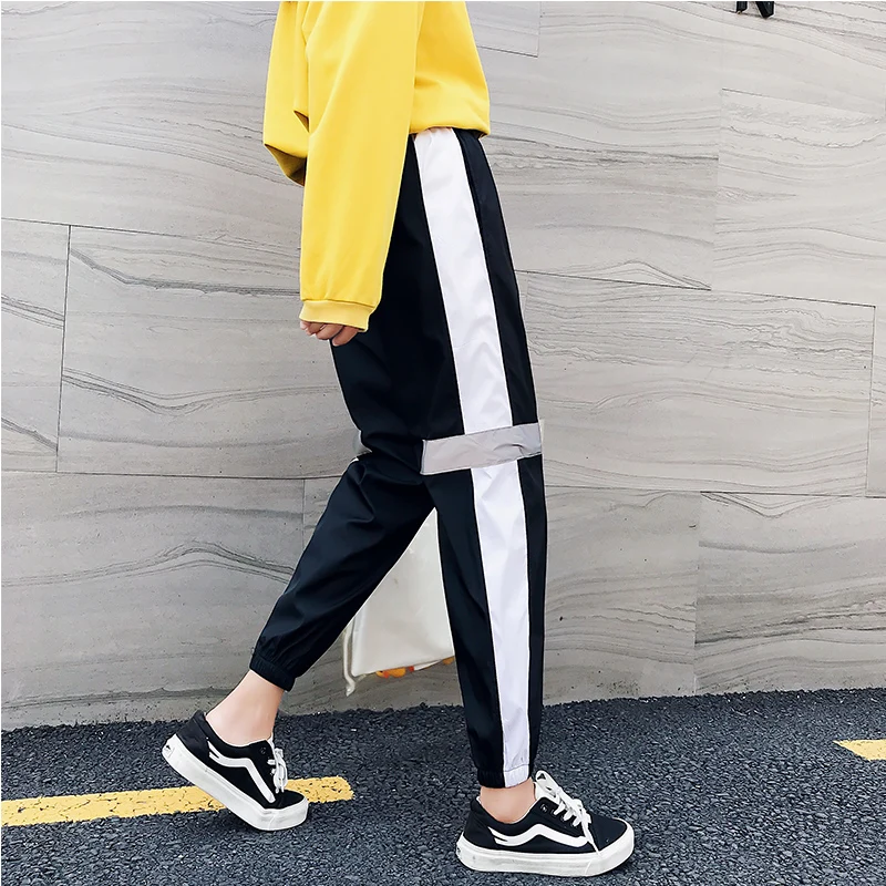 Новые летние женские тренировочные брюки Harajuku повседневные Черные Лоскутные Короткие штаны корейский стиль ulzzang Jogger штаны связка полосатые брюки