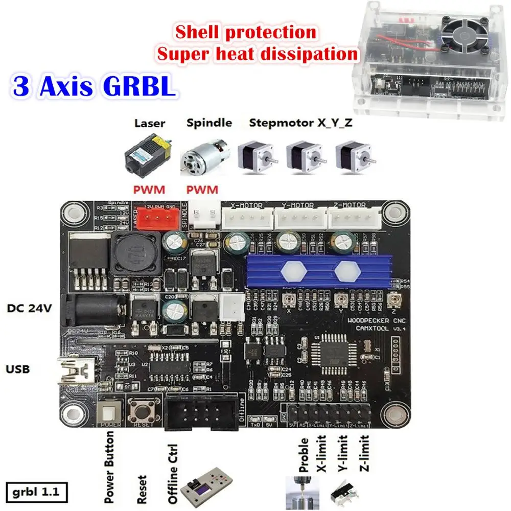 Controlador Fuera de L/íNea Control de 3 Ejes Escudo CNC Puerto USB GRBL 1.1 Monland Tablero de Control de la M/áQuina de Grabado CNC