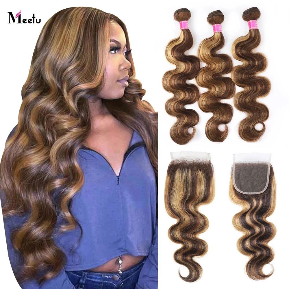 Precio bajo Meetu Ombre onda del cuerpo mechones con cierre P4 27 extensiones de cabello humano mechones con cierre transparente cierres con mechones OnwZeKq6A5p