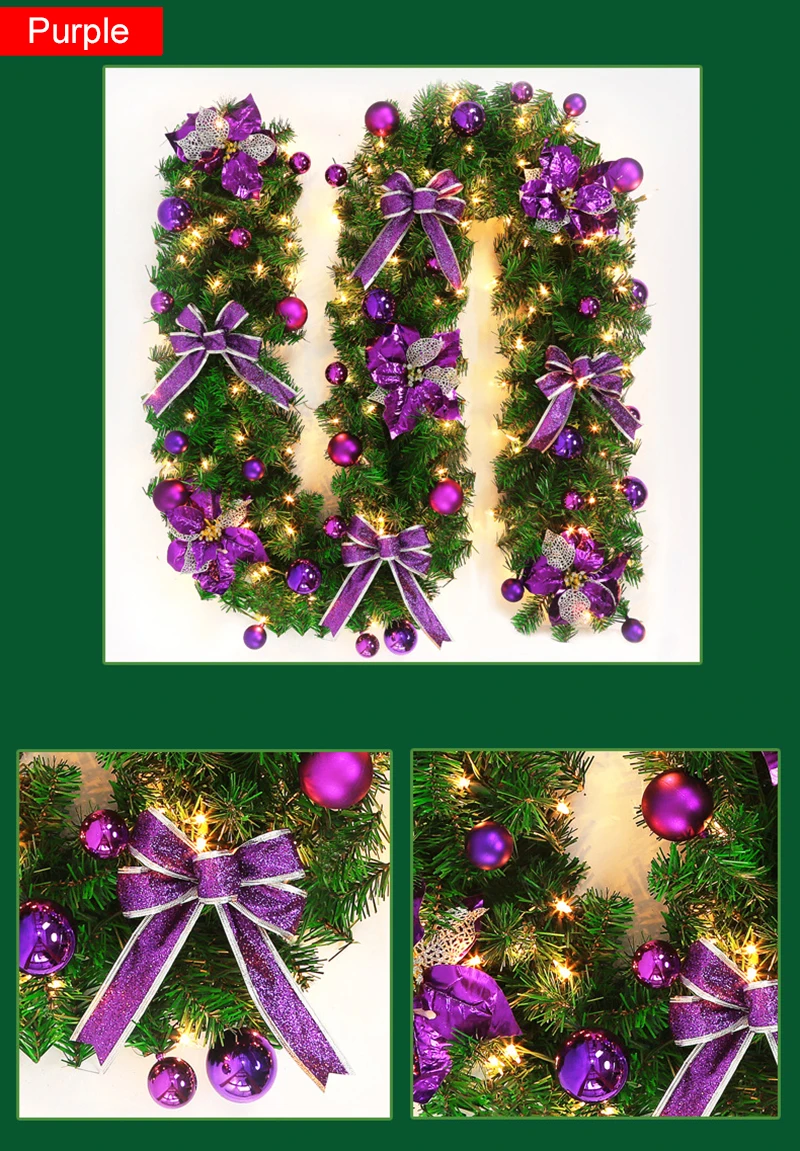 270cm Christmas garland Christmas rattan with bows and Fairy led lights Christmas decoration for home party New Year supplies - Color: purple with bow