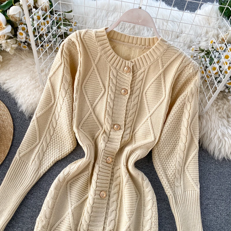 Корейская мода, новинка, весна-осень, женское вязаное платье, Элегантное однобортное платье, свитер пуговицы, платье для женщин, Vestidos