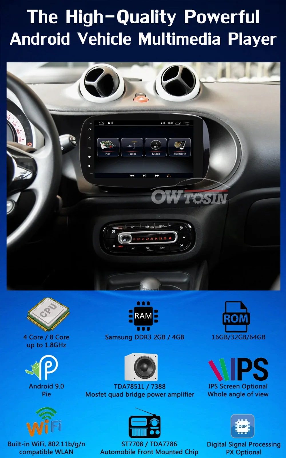 Best 9" Android 9.0 PX6 4+64G Car Multimedia Car Radio GPS Player For Mercedes Benz Smart Fortwo 2015 2016 2017 2018 2019 CarPlay DSP 1