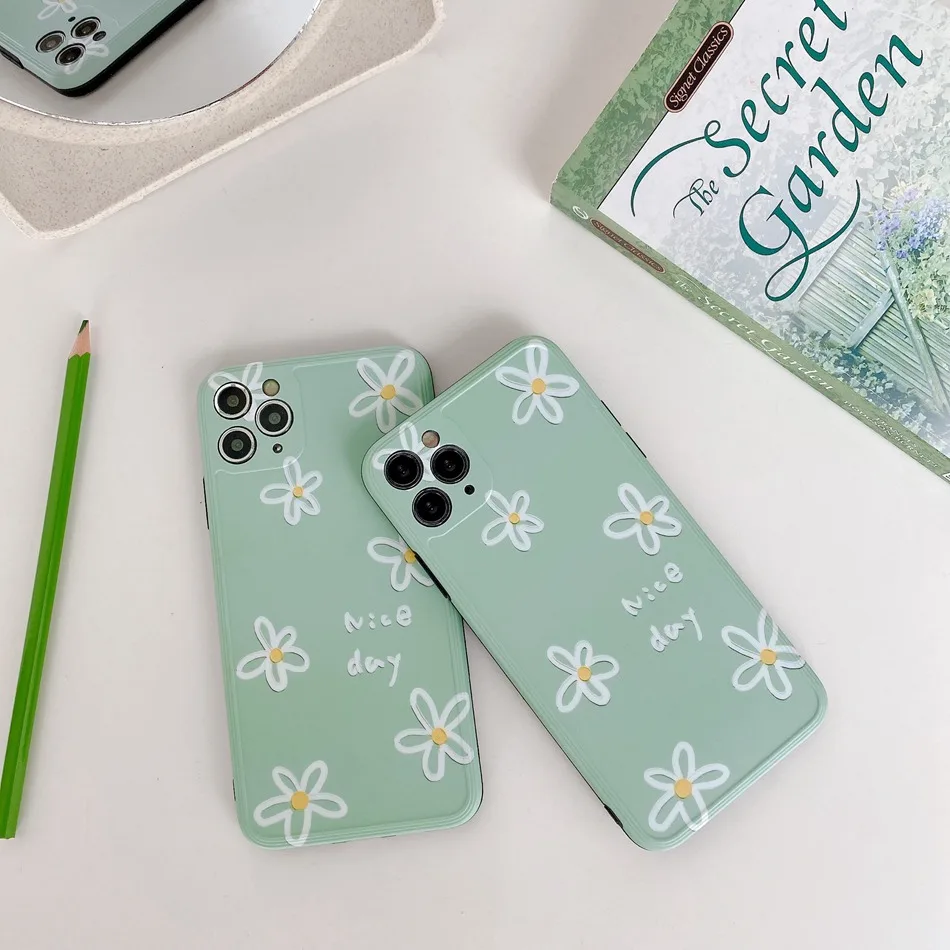 

For iPhone 11 Pro XS Max XR X Case Fashion Green Daisy Pattern Phone Case For iPhone SE 8 7 Plus Soft TPU Shockproof Back Cover