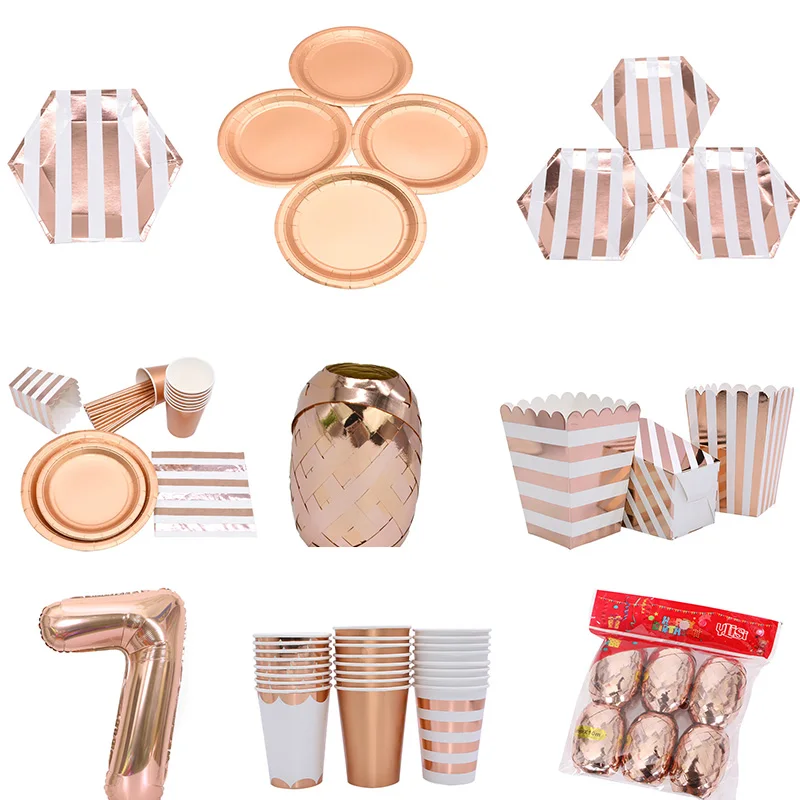 

1 Set Rose Gold Wedding Birthday Party Disposable Tableware Decoration Plates Cups Straws DIY Party Table Decoration Supplies