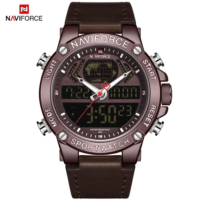NAVIFORCE 9164 мужские часы лучший бренд класса люкс цифровые аналоговые спортивные наручные часы военные из натуральной кожи мужские часы Relogio Masculino - Цвет: Кофе