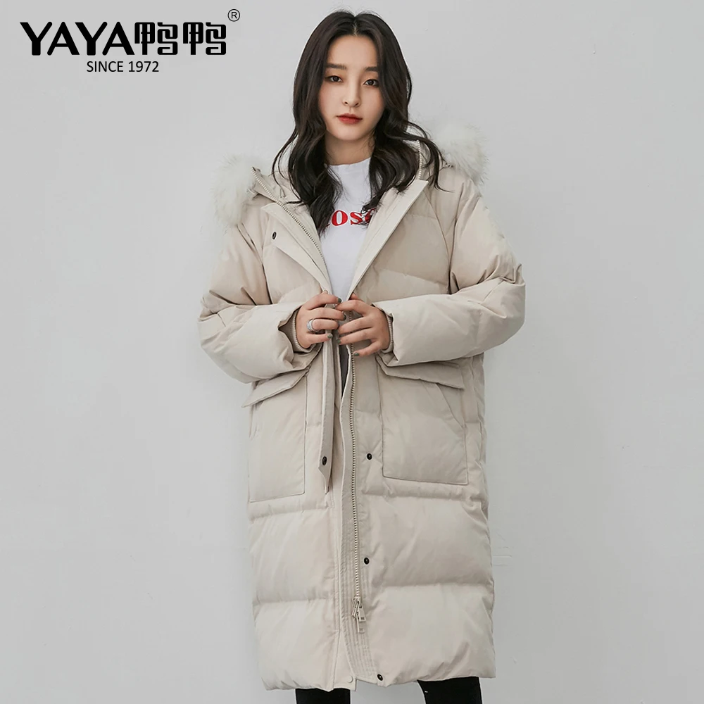 YAYA Women's Winter Duck Down Jacket Real Raccoon