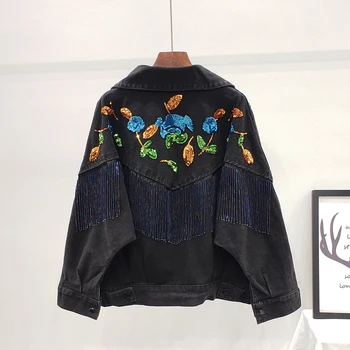 

Fashion Handwork Sequins Flowers Beading Tassel Denim Jacket Women Coat Harajuku Streetwear Batwing sleeve Jeans Jacket Female
