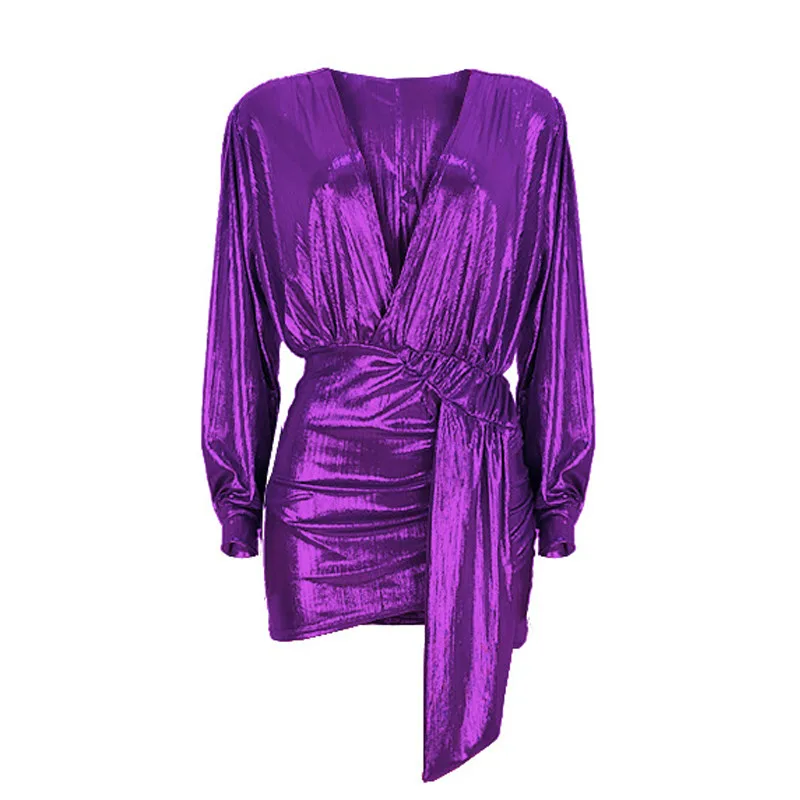 Модное металлическое облегающее мини-платье с рюшами женское сексуальное платье для ночного клуба сверкающие вечерние платья с лентой - Цвет: Фиолетовый
