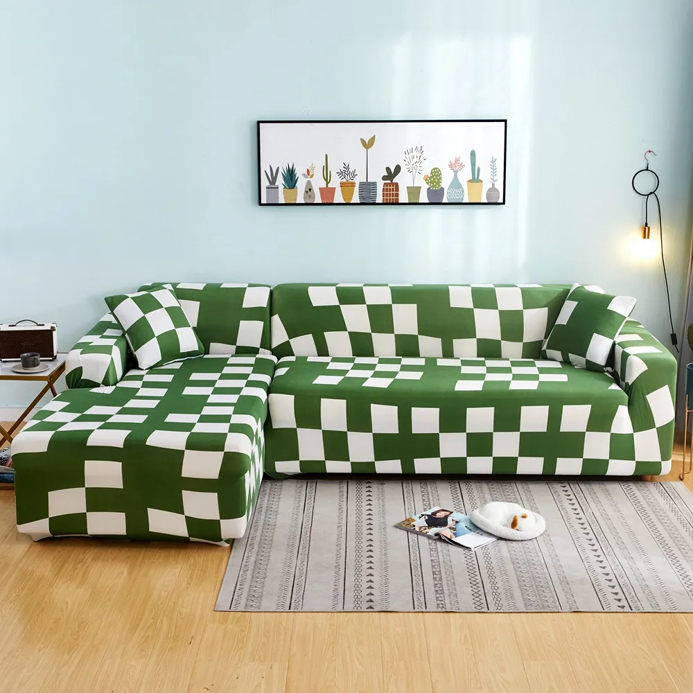 Green Plaid Угловые чехлы для диванов для домашних животных, эластичные чехлы для диванов для гостиной, Стрейчевые чехлы из полиэстера для диванов на двоих - Цвет: Green Plaid