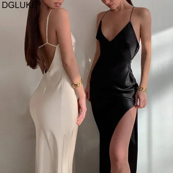 Backless Long Satin Dress Women Spaghetti Strap Maxi Sexy Summer Dress Elegant Black White Party Dress With Slit 1