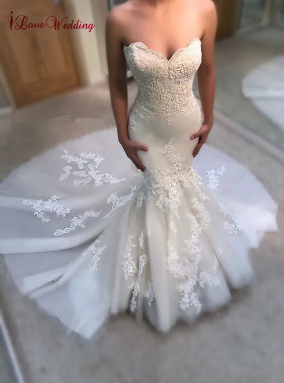

Vestido de novia 2019 Sweetheart Lace Applique custom made Court Train Bride dress Elegant Fishtail Wedding Gown