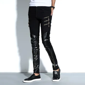 

Punk Men Slim Fit Trousers Motorcycle Skinny Faux Leather Pencil Pants Fashion Black Full Length PU Leather Pants Erkek Pantolon