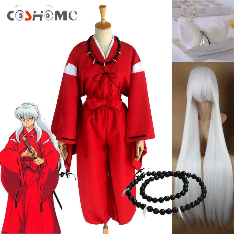 

Coshome Anime Inuyasha Cosplay Costumes Red Japanese Kimono Men Robe Costume W Wigs Ears And Necklace For Halloween Party
