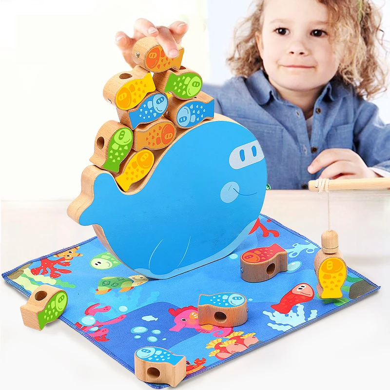  Baby Wooden Montessori Toys Multifunction Balancing Frame Fishing Beading Wood Blocks Toy Kids Stri