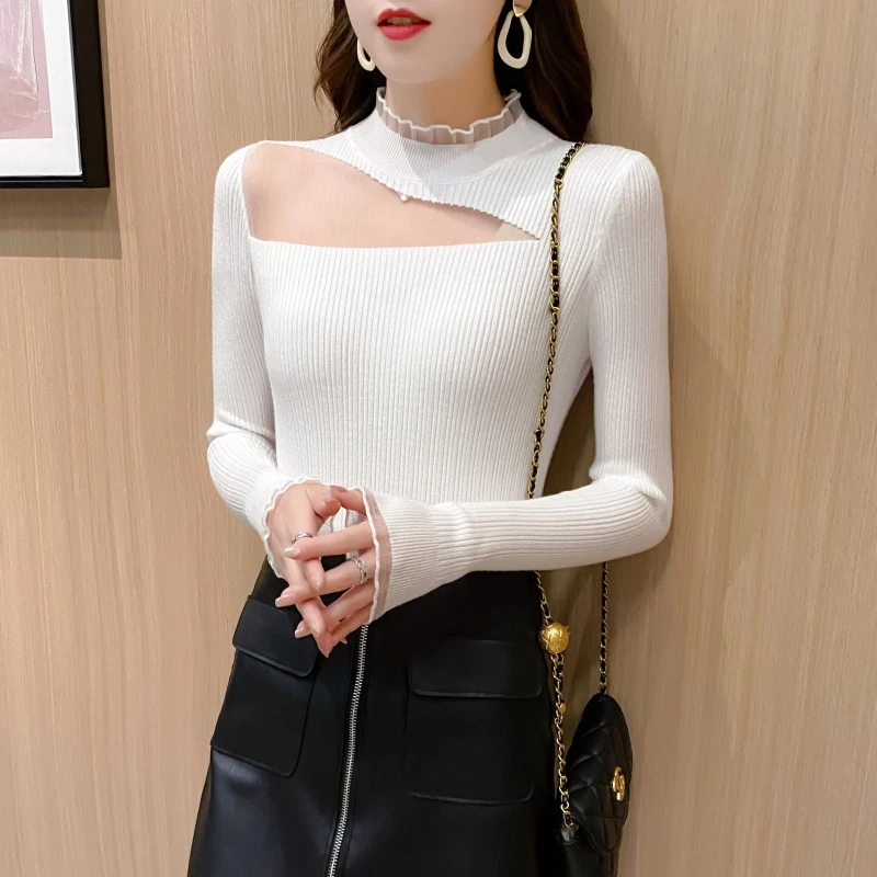 

Women Autumn Knitted Slim Sweaters Solid Knitted Female Cotton Soft Elastic Color Pullovers Long Sleeve Turtleneck Korean Tops