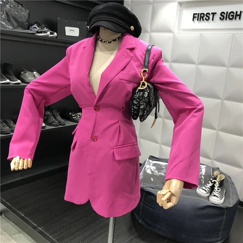 Розовый фиолетовый костюм женский осенний дизайн морщин складки талии похудения темперамент длинный Костюмный пиджак