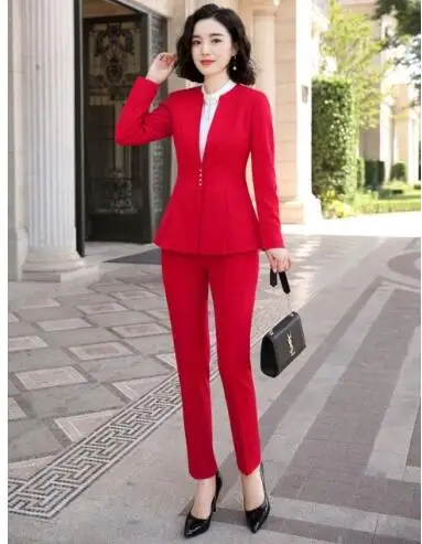 Red coat and pants Элегантный женский костюм высокого качества комплект из двух предметов для осенней и зимней одежды формальная Офисная Рабочая одежда - Цвет: Red coat and pants