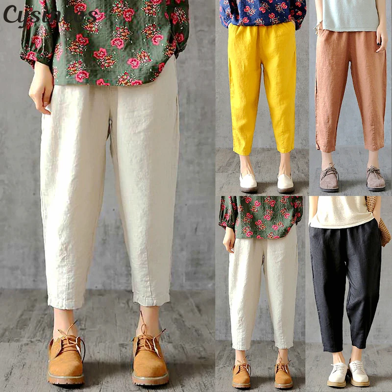 Женские льняные брюки размера плюс 2019 летние Капри свободные тонкие Хлопковые