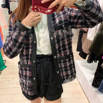 

Hot Sale 2019 Autumn and Winter New Stitching Button Long Sleeve Coats & Jackets Tweed Cardigan Wool & Blends