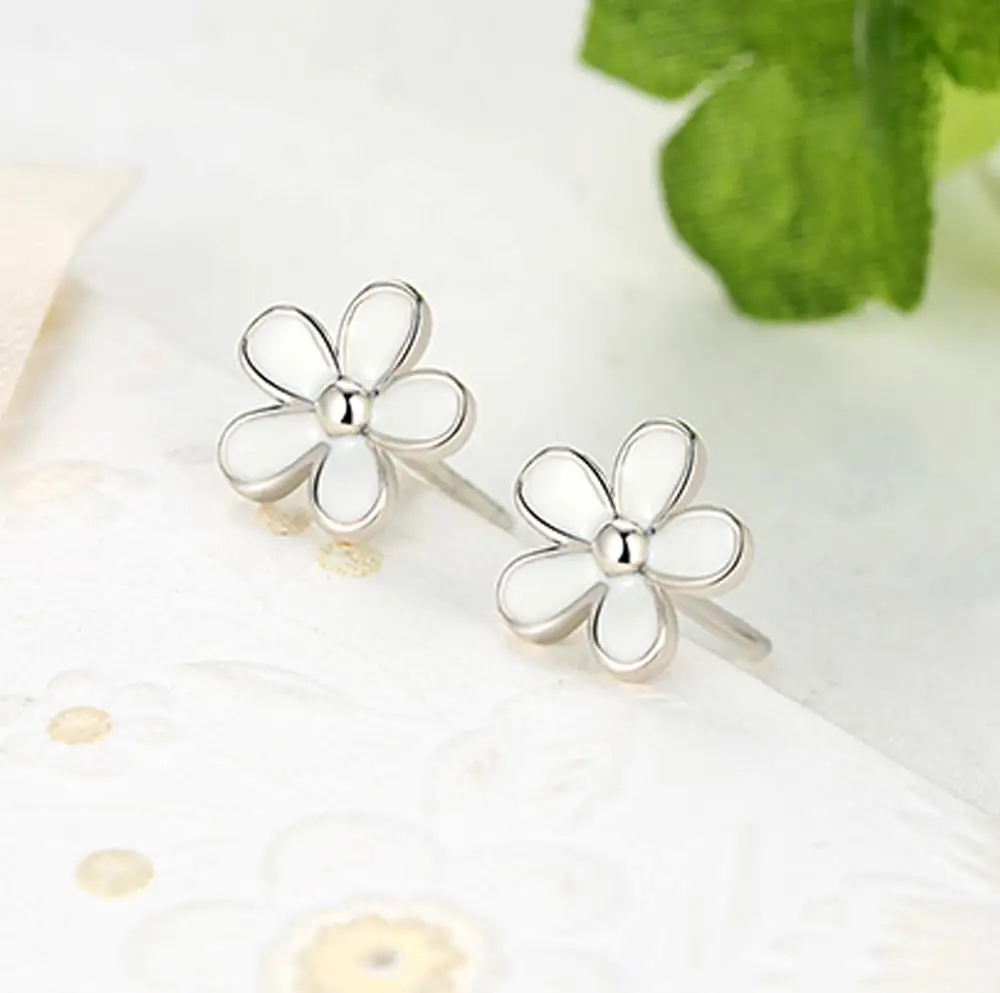 Orecchini A Perno In Argento Sterling 925 Con Fiore Margherita In Smalto - Gioiello Per Bambine E Ragazze, In Confezione Regalo