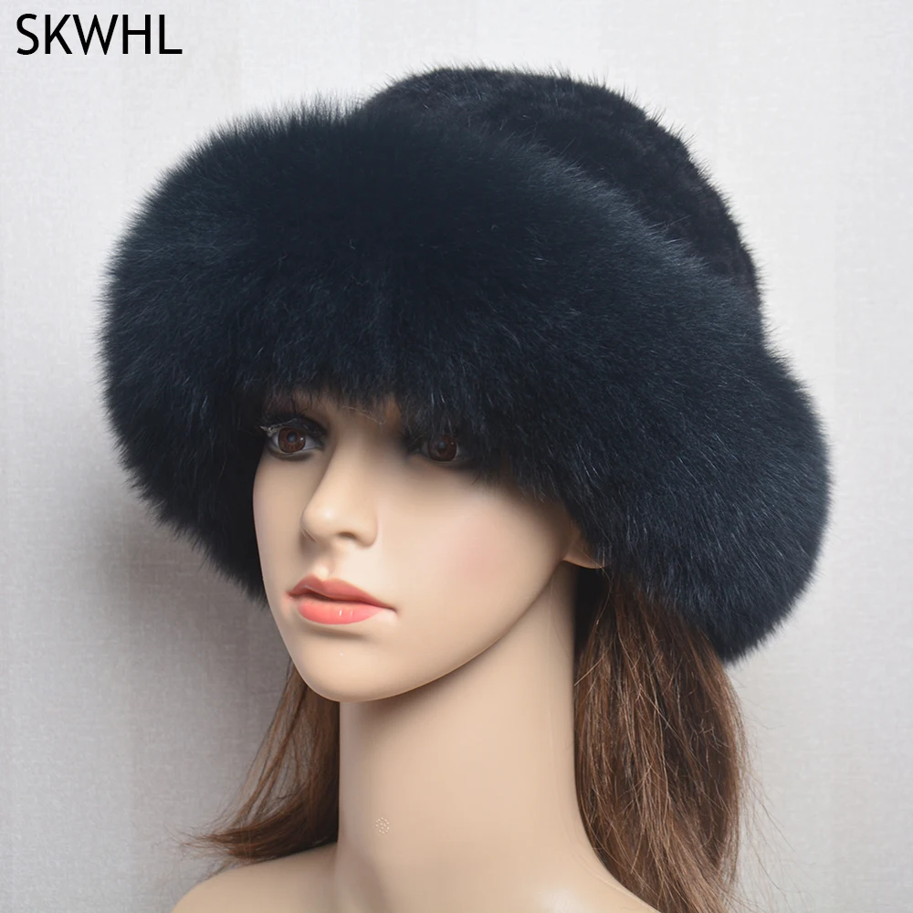 New Genuine Real Natural Knitted Mink Fur Hat Cap Luxury Women Handmade Knit Fashion Winter Headwear Warm Real Fox Fur Beanies 1