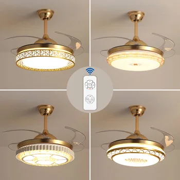 

Gold Ceiling Fans 4 Retractable Blades LED Ceiling Fan Three Color Change with Remote Control for Bedroom Dining Room