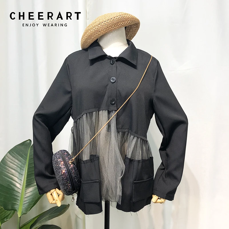 Cheerart сетчатая Лоскутная черная рубашка женская блузка с длинным рукавом Свободный Топ C.H.I.C корейская модная одежда модная осенняя