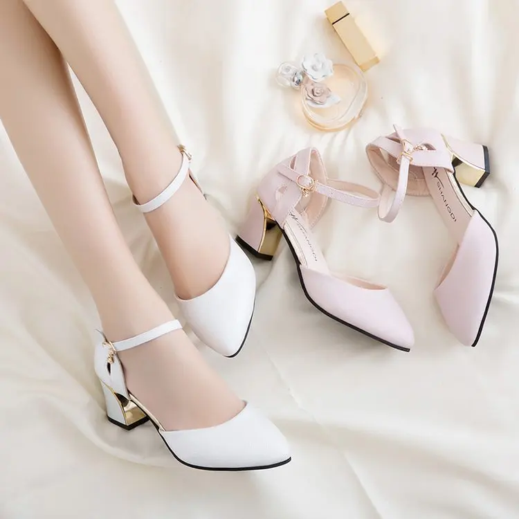 

Europe and America Elegant Sweet Pointed Thick with Single Shoes Wild Korean Fashion Small Fresh High Heels Comfort Womens Shoes