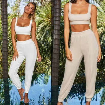 

Tacksuit Women 2 Piece Set Sleeveless Ribbed Two Piece Outfits Crop Top Long Pants Casual Matching Sets