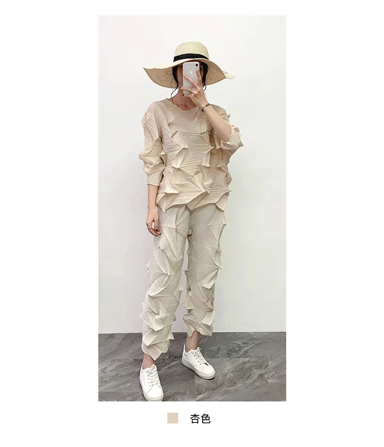 2 шт. наряды для женщин Miyake складки пожалуйста однотонный повседневный комплект пуловер футболка длинные широкие брюки осенний модный костюм