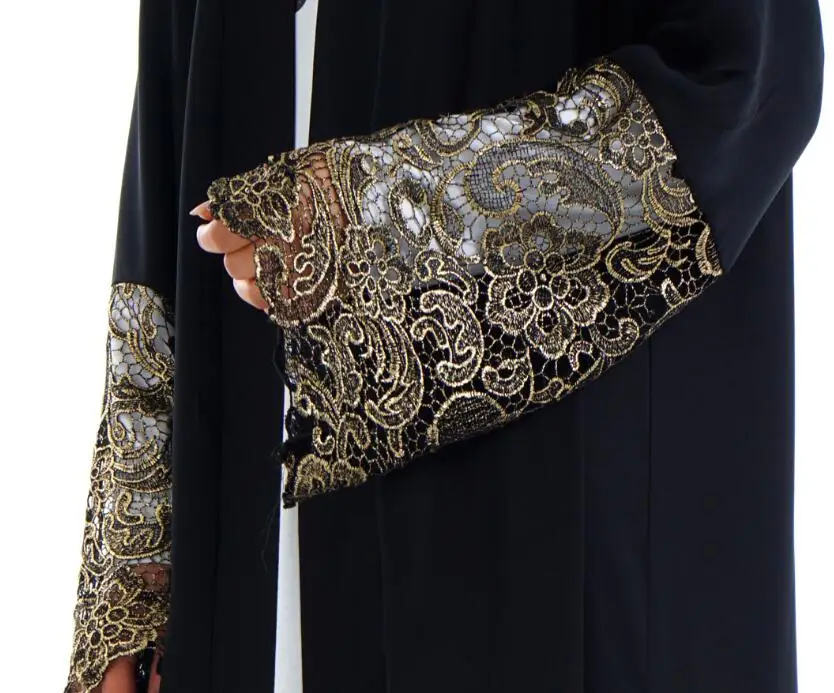 Роскошные abaya Дубай турецкое традиционное мусульманское кимоно открытая Абая для женщин Халат Кружевной кафтан Черный Восточный халат из марокена