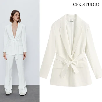 

Za Women Elegant Blazer with Belt Pocket Solid Outwear Femme Summer Autumn Office Wear Vintage Chic White Loose Jacket Coat