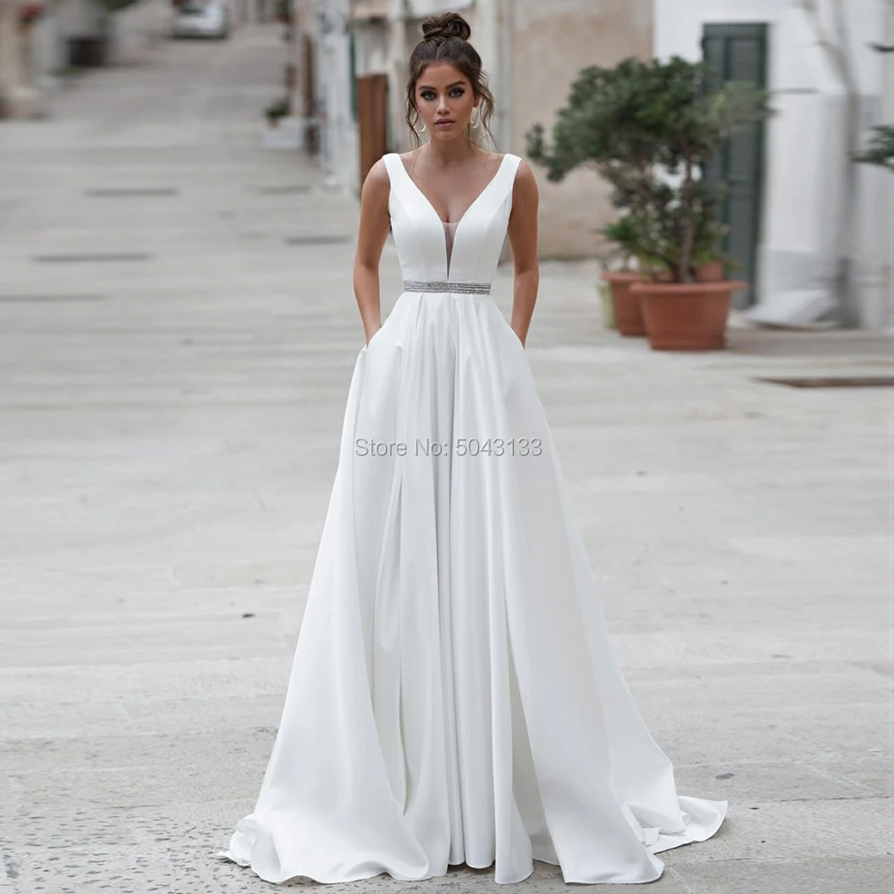 a line off the shoulder satin wedding dress